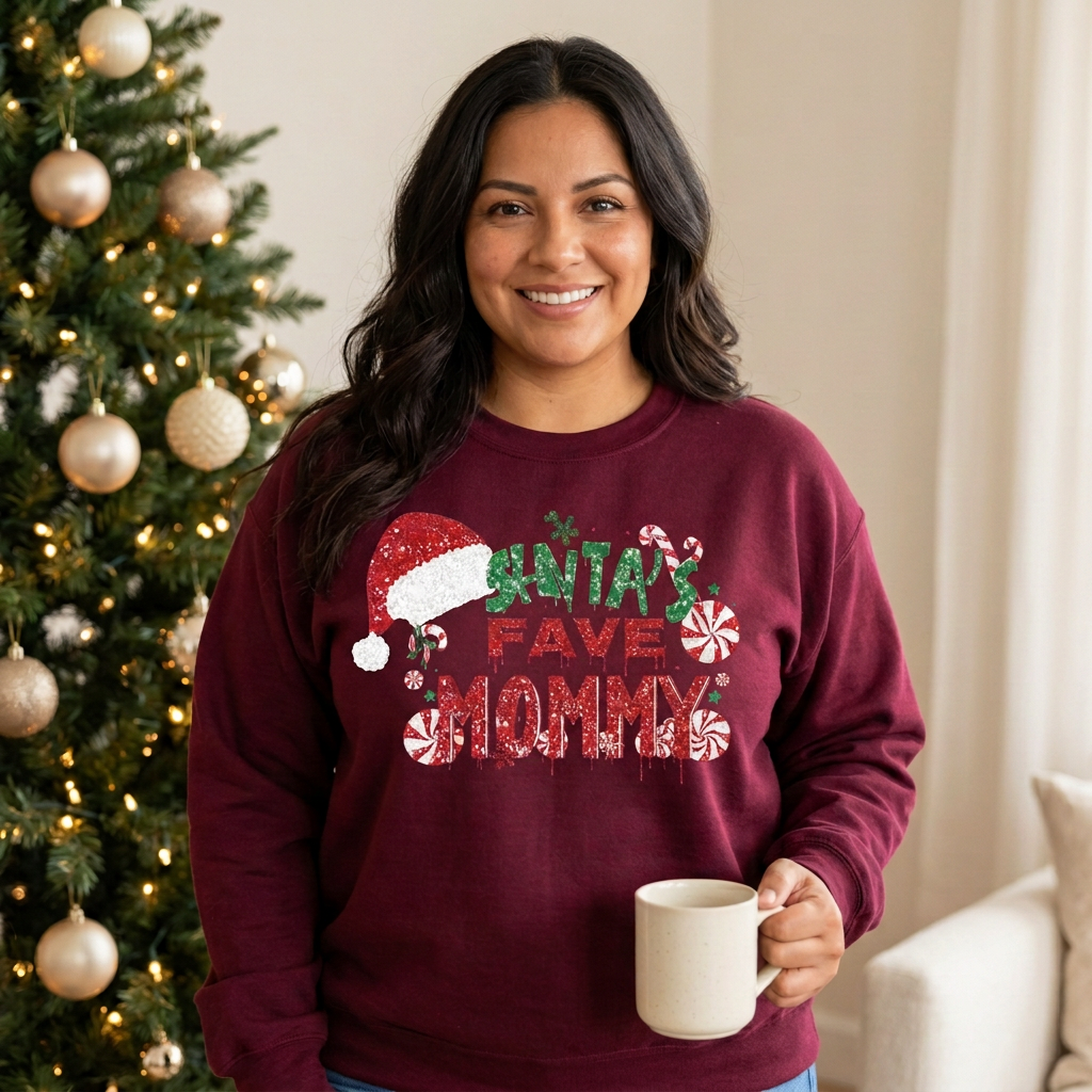 Latina mom in a Santa’s Fave Mommy sweatshirt on Christmas morning