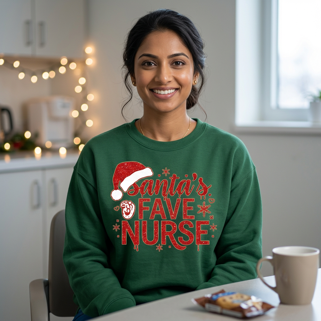 South Asian nurse in a green Santa’s Fave Nurse sweatshirt