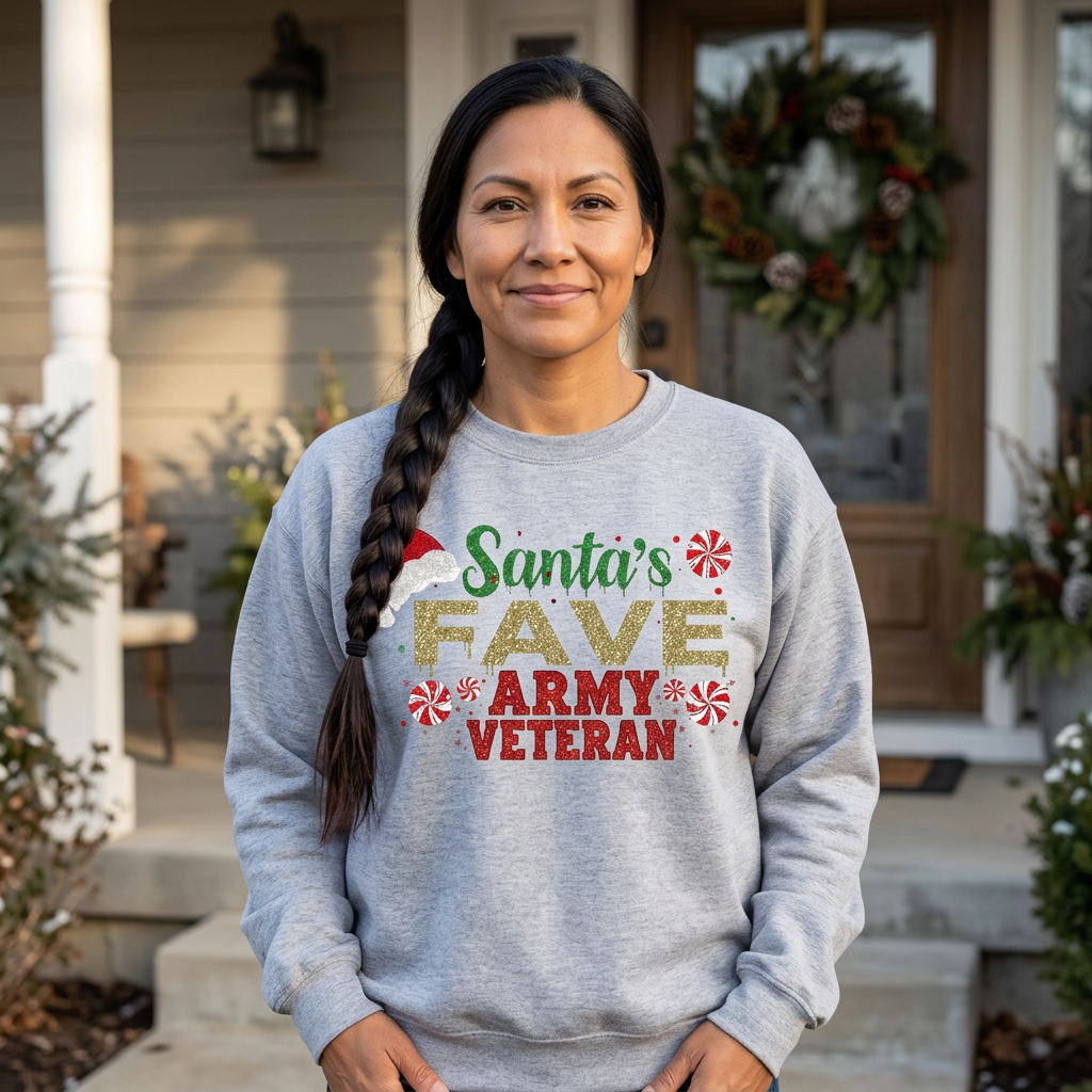 Indigenous woman in a grey Santa’s Fave Army Veteran sweatshirt