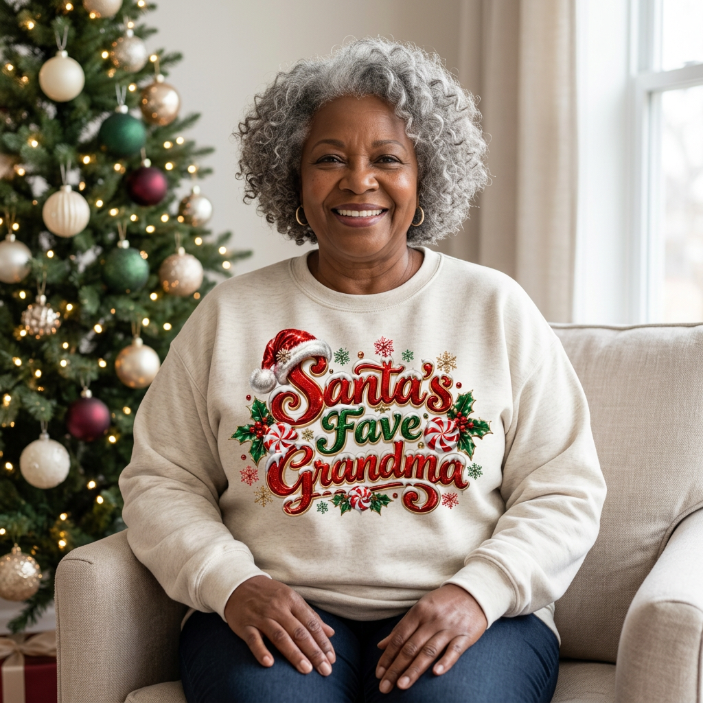 Black grandmother in a Santa’s Fave Grandma sweatshirt by the tree