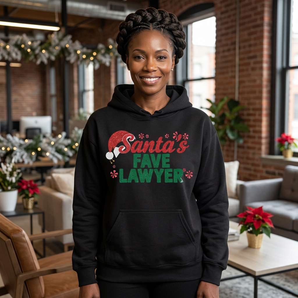 African woman in a black Santa’s Fave Lawyer hoodie