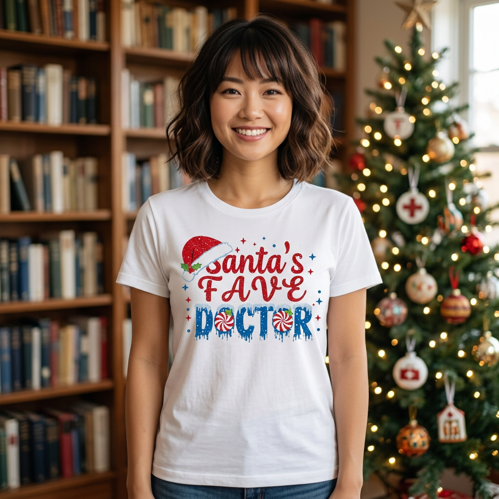 East Asian woman in a white Santa’s Fave Doctor tee