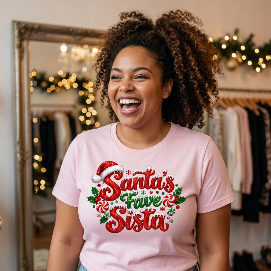 Multiracial woman in a pink Santa’s Fave Sista tee