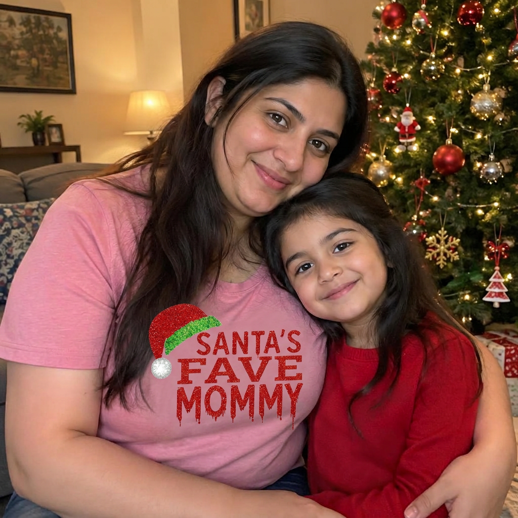Woman wearing a Family Faves holiday shirt