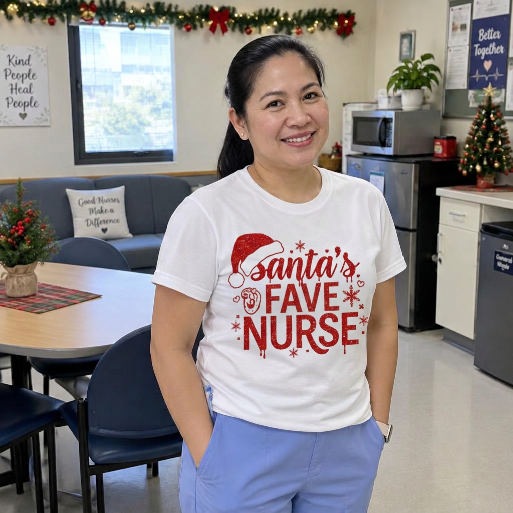 Woman wearing a Healthcare Professionals holiday shirt