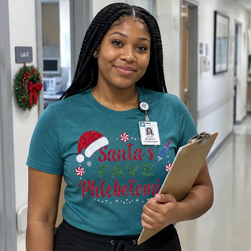 Woman wearing a Healthcare Techs & Allied Health holiday shirt