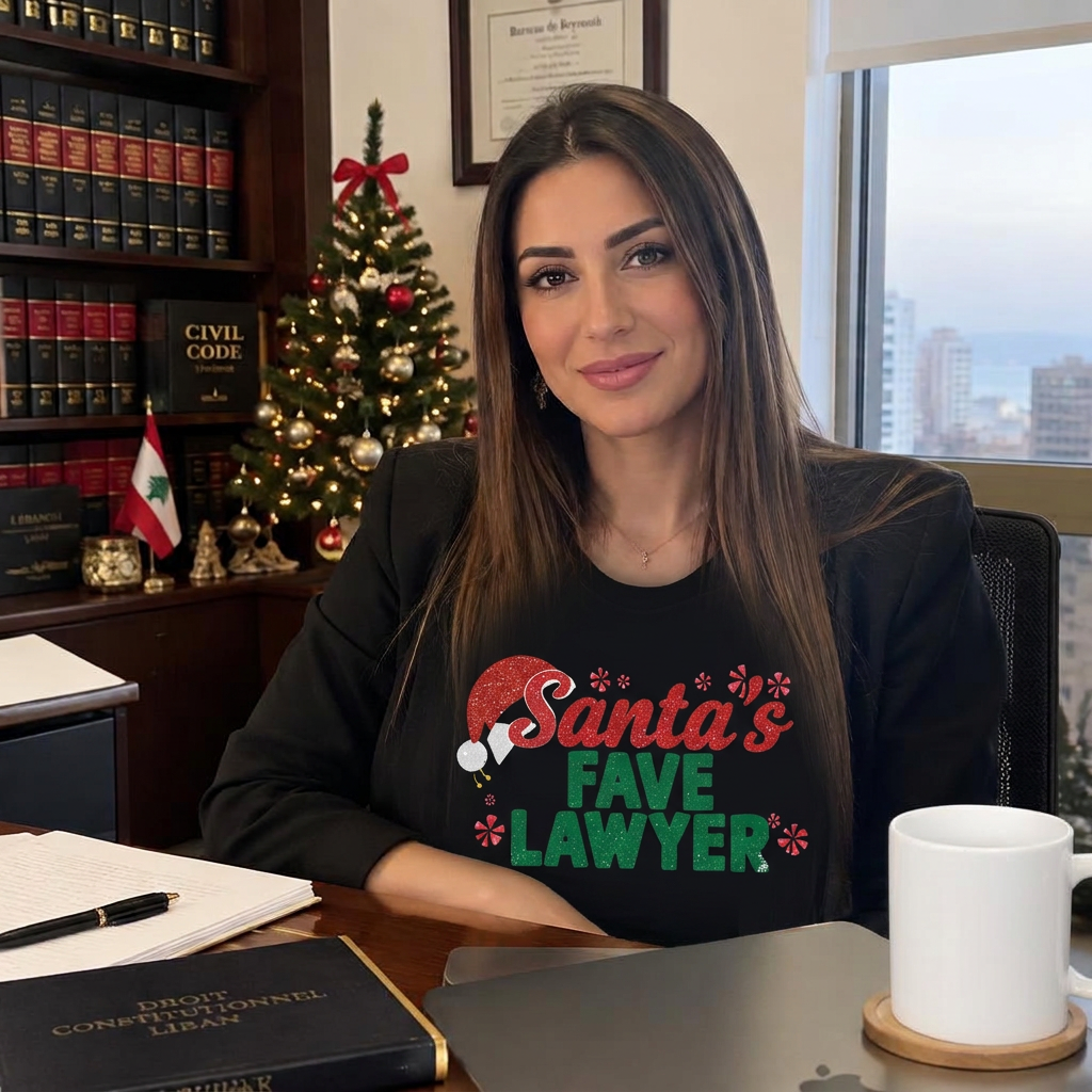 Woman wearing a Lawyers holiday shirt