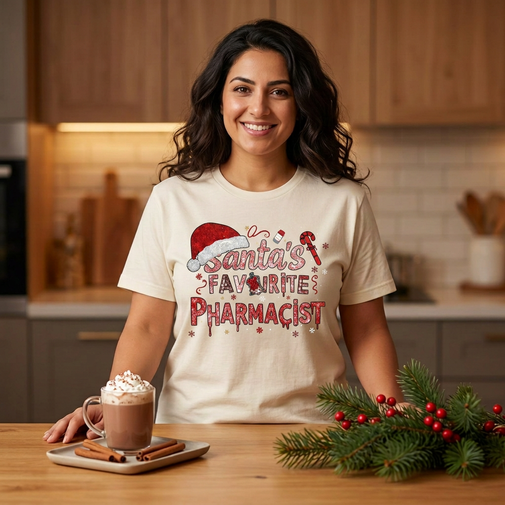 Middle Eastern woman in a cream Santa’s Favourite Pharmacist tee