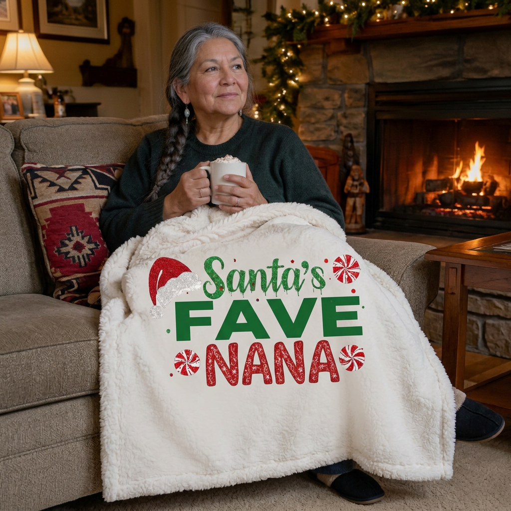 Customizable Fleece Sherpa Blanket shown in use
