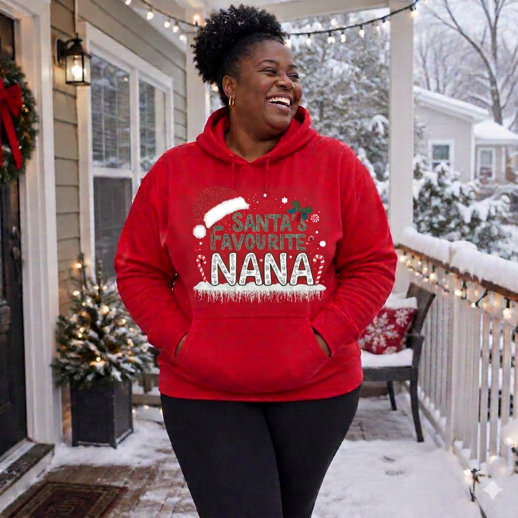 Woman wearing a Santa’s Fave Pullover Hoodie